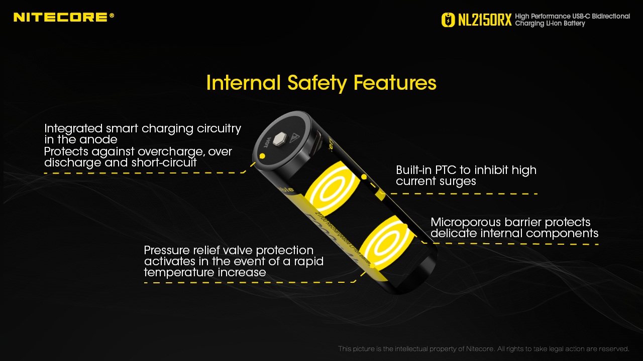 Nitecore NL2150RX vnútorné ochrany — nabíjacia elektronika v anóde, PTC prvok, mikroporézna bariéra a pretlakový ventil