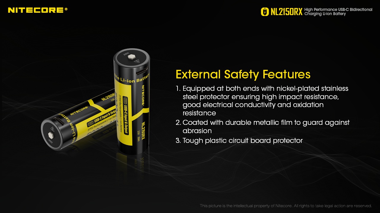 Nitecore NL2150RX vonkajšia ochrana — niklovaný nerezový chránič na oboch koncoch a potlač USB-C Input & Output