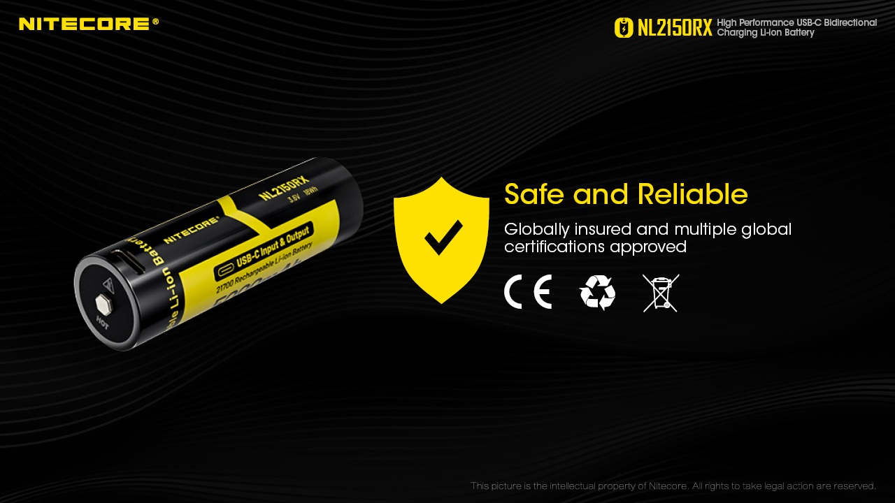 Nitecore NL2150RX certifikácie na obale — CE, recyklačný symbol a WEEE prečiarknutý kôš