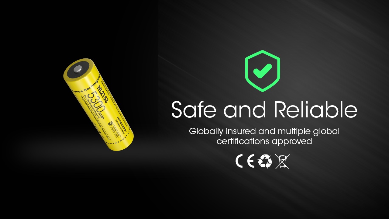 Nitecore NL2153 označenia na článku — CE, recyklačný symbol a WEEE prečiarknutý kôš
