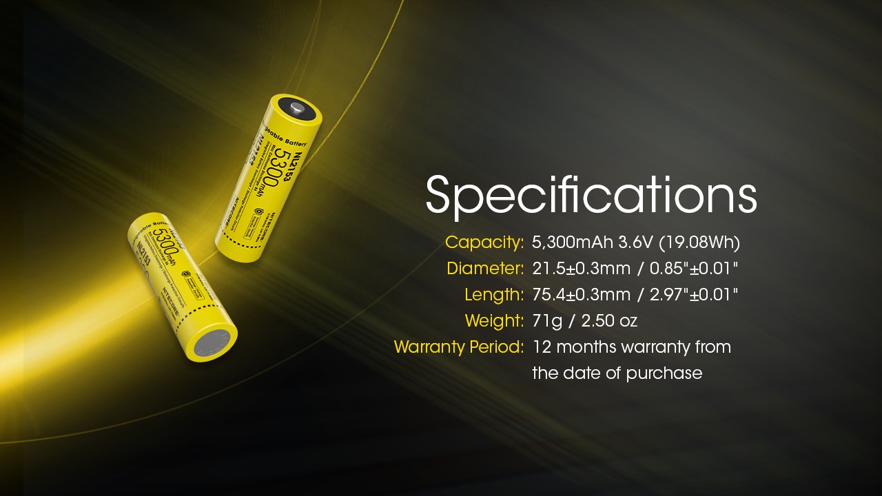Nitecore NL2153 rozmery podľa výrobcu — priemer 21,5 mm, dĺžka 75,4 mm, hmotnosť 71 g