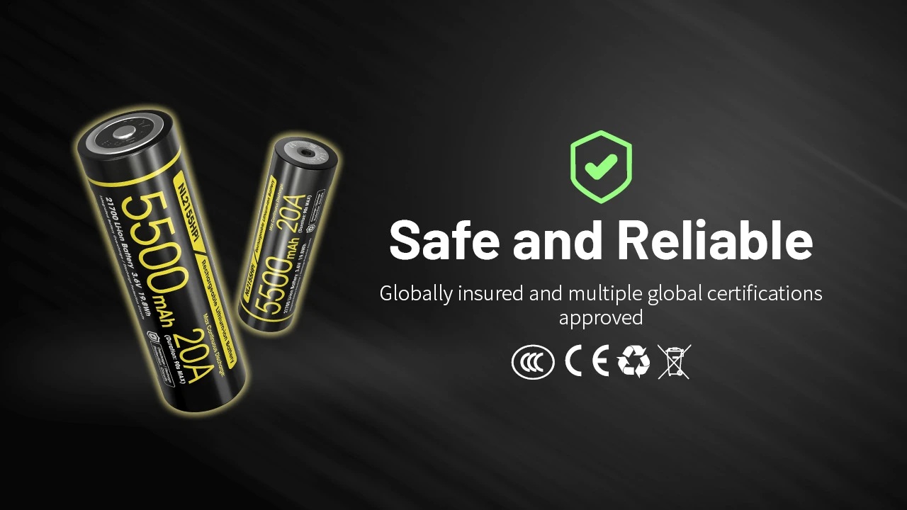 Nitecore NL2155HPi certifikácie na obale — CCC, CE, recyklačný symbol a WEEE