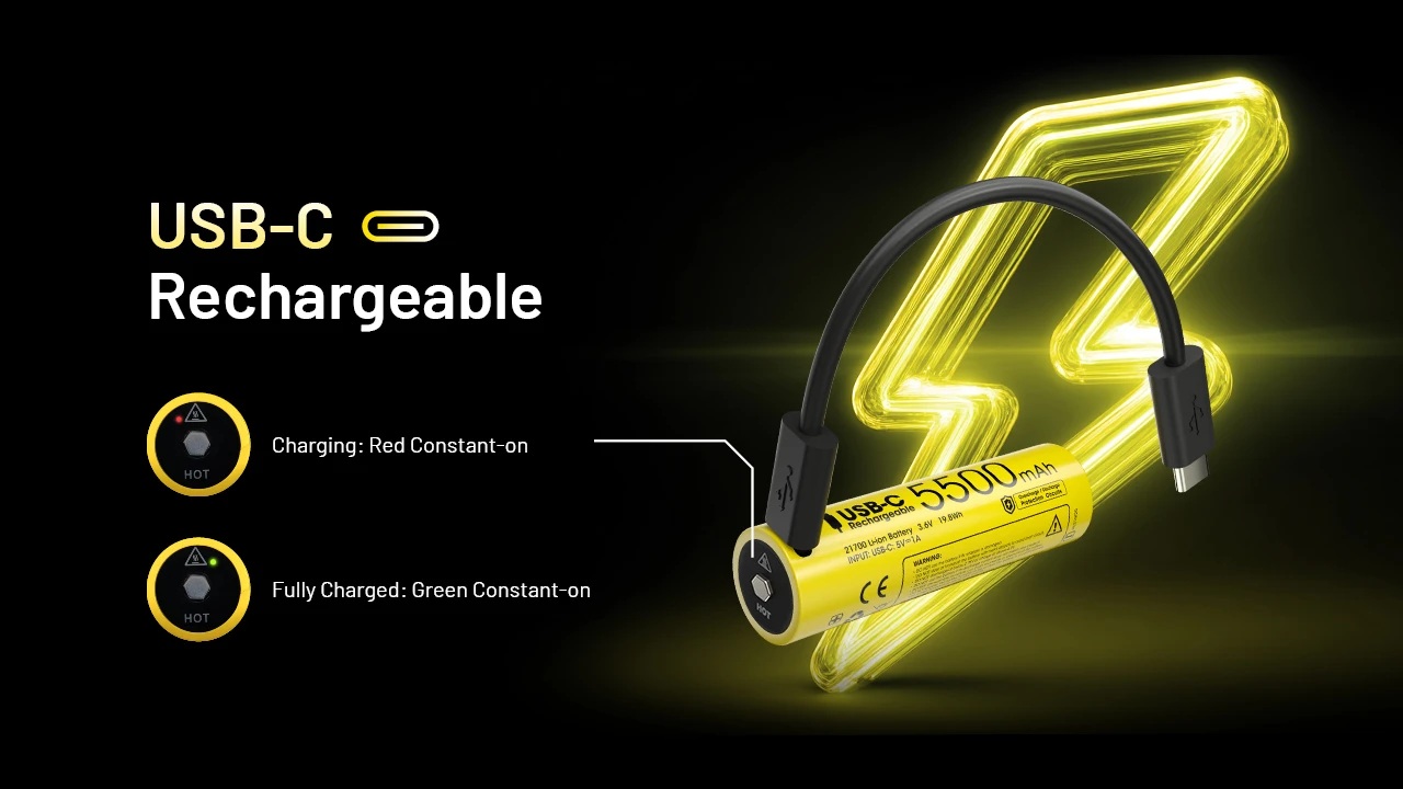 Nitecore NL2155HPR s USB-C portom a stavovou LED — červená pri nabíjaní, zelená pri plnom nabití