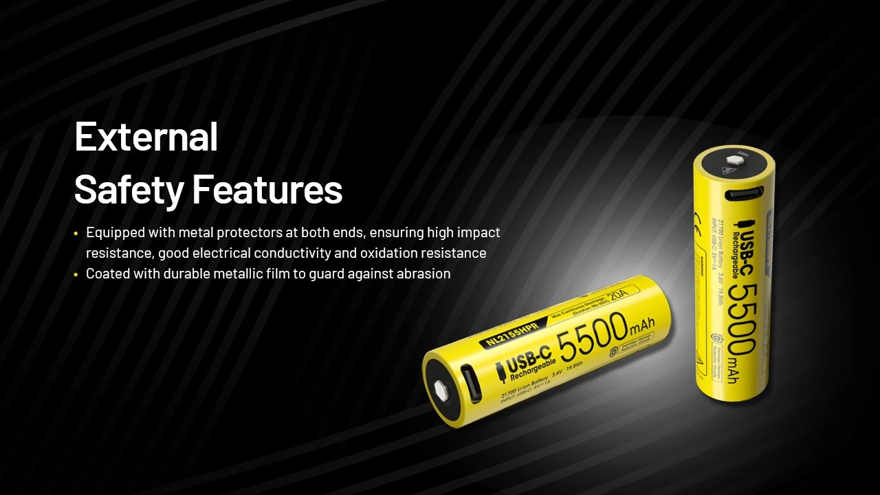 Nitecore NL2155HPR vonkajšia ochrana — kovové chrániče na oboch koncoch a kovový film proti odretiu