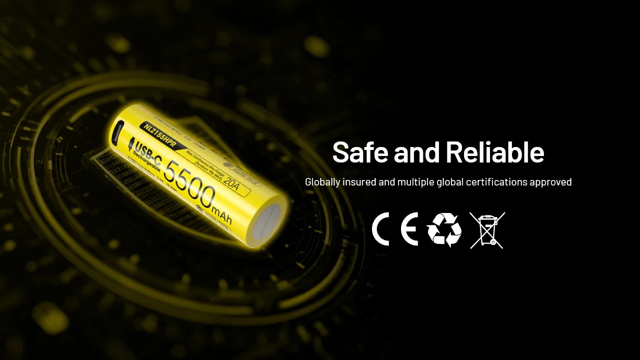 Nitecore NL2155HPR certifikácie na obale — CE, recyklačný symbol a WEEE