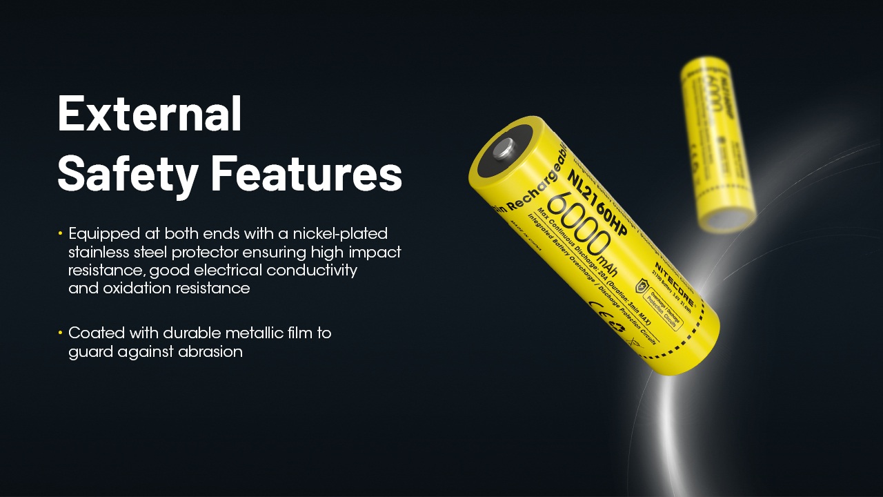 Nitecore NL2160HP vonkajšia ochrana — niklovaný nerezový chránič na oboch koncoch a kovový film proti odretiu