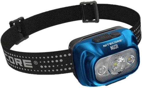 Nitecore NU31 modrá trailová čelovka s tromi zdrojmi svetla — primárna biela, High CRI a červená LED