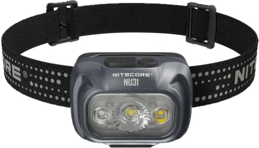 Nitecore NU31 sivá trailová čelovka s tromi zdrojmi svetla — primárna biela, High CRI a červená LED