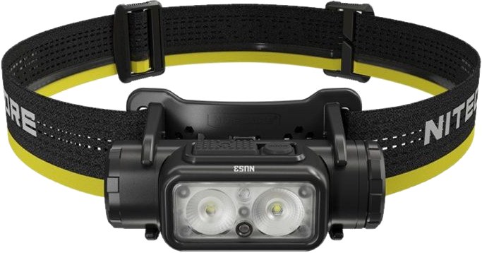Nitecore NU53 priemyselná čelovka — osem NiteLab UHE LED, tri svetelné zdroje, čierno-žltá reflexná čelenka