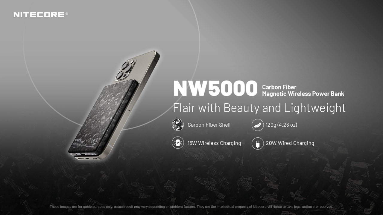 Nitecore NW5000 magnetická bezdrôtová powerbanka 5000 mAh — karbónová škrupina, 120 g, 15 W bezdrôtovo a 20 W káblom