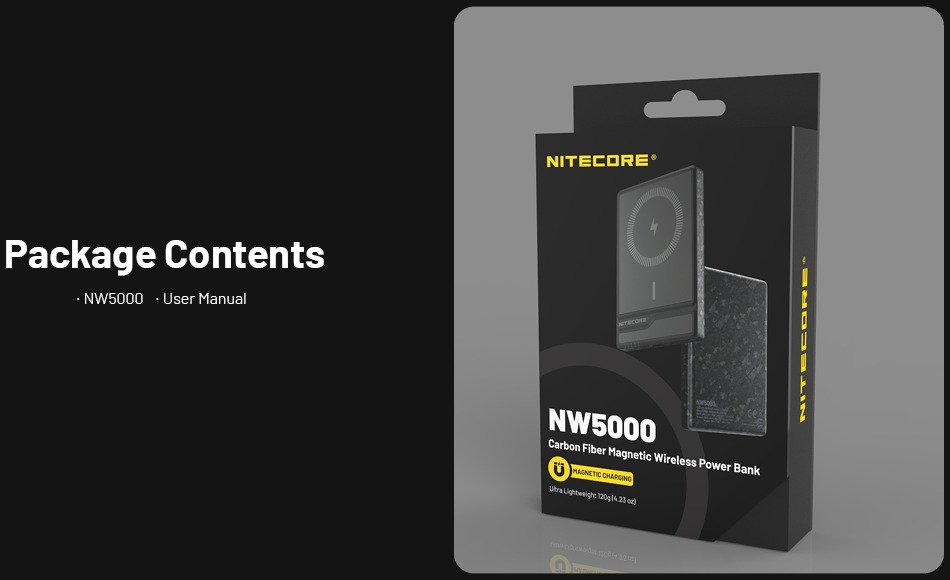 Nitecore NW5000 obsah balenia — powerbanka a manuál v krabici, nabíjací USB kábel nie je súčasťou