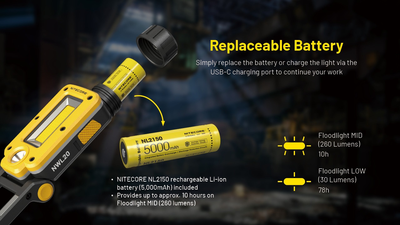 Nitecore NWL20 vymeniteľný akumulátor NL2150 21700 s kapacitou 5000 mAh — výdrž 10 hodín na strednom a 78 hodín na najnižšom stupni