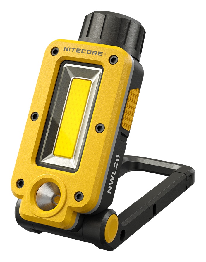 Nitecore NWL20 multifunkčné pracovné svetlo v žltej farbe — COB plošné svetlo 600 lúmenov, bodový LED lúč a sklopná magnetická základňa