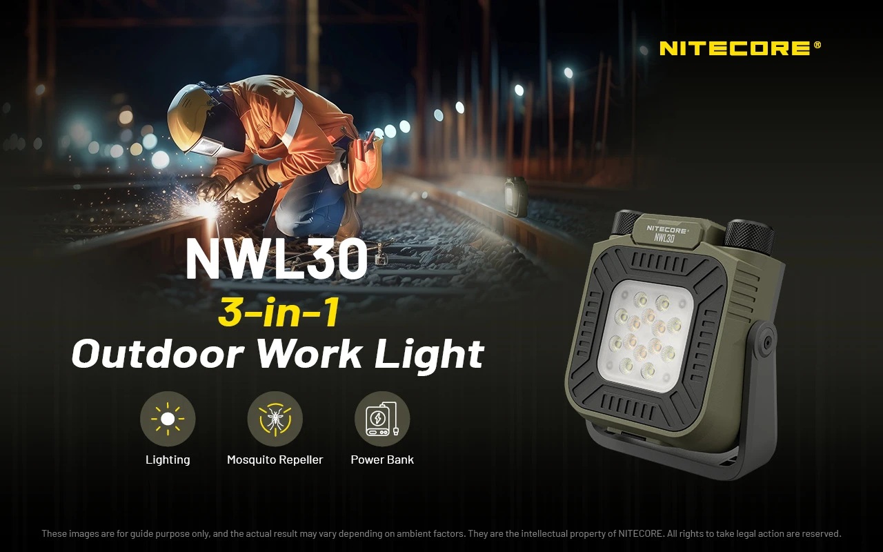 Nitecore NWL30 pri nočnej práci na koľajniciach — 3-v-1 pracovné svetlo s osvetlením, odpudzovačom komárov a powerbankou