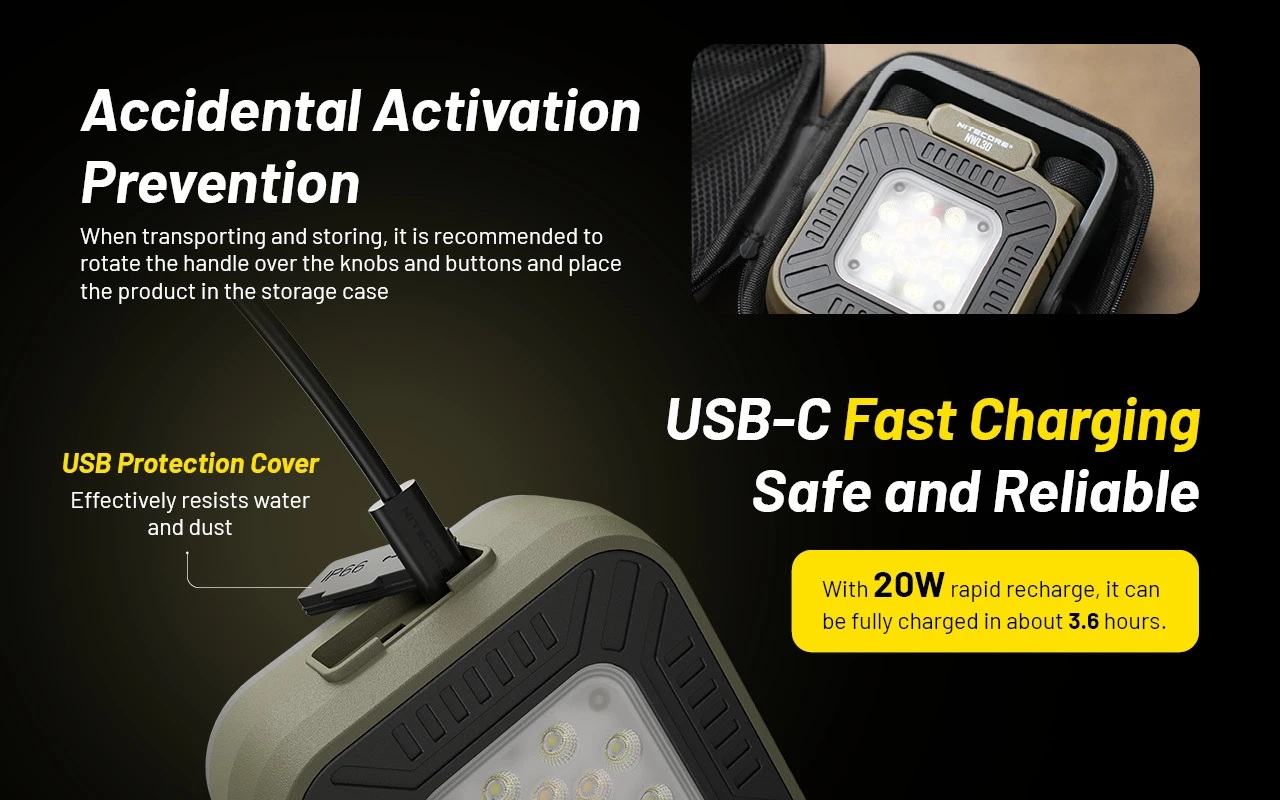 Nitecore NWL30 poistka proti náhodnému zapnutiu preklopením rukoväte a USB-C nabíjanie 20 W s ochrannou krytkou proti vode a prachu