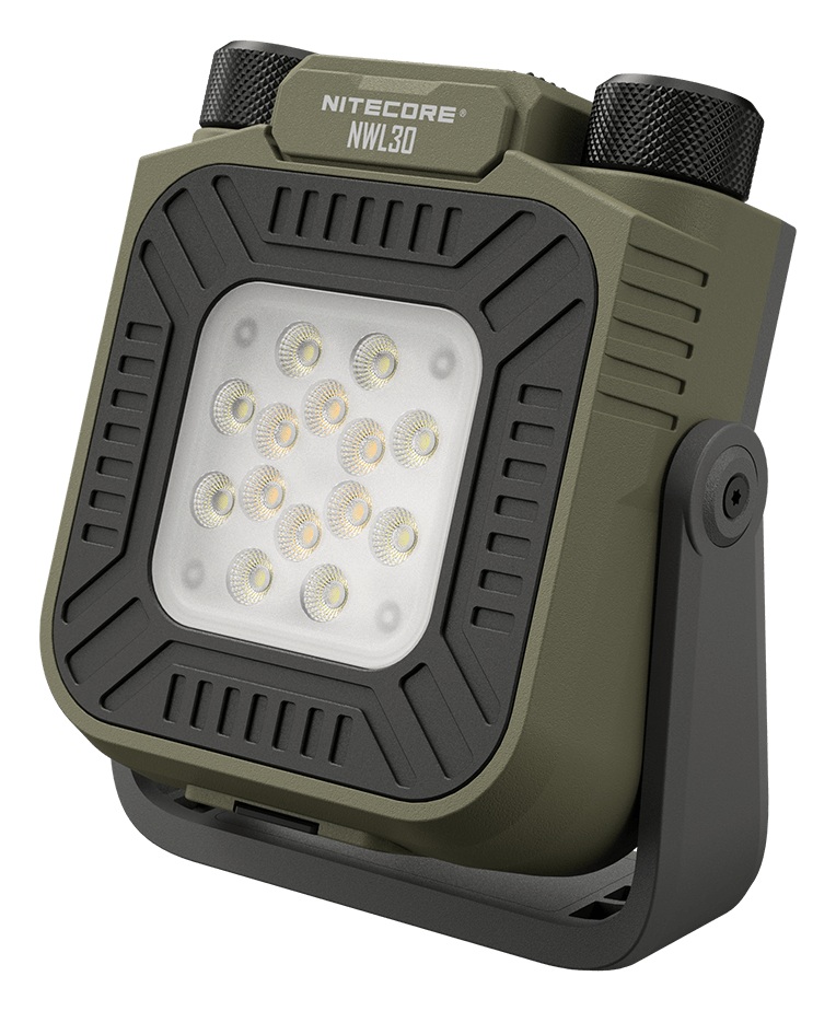 Nitecore NWL30 3-v-1 pracovné svetlo v olivovej farbe — 3000 lúmenov, 18000 mAh powerbanka a odpudzovač komárov v jednom tele