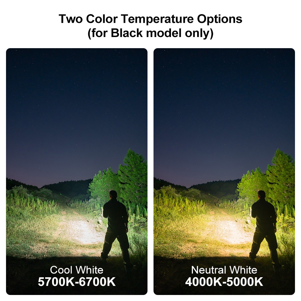 Olight Arkfeld Pro čierna a dve teploty svetla na nočnej ceste: Cool White 5700 až 6700 K a Neutral White