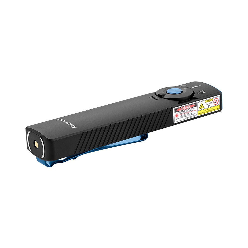 Olight Arkfeld Pro čierna z boku so štítkom laseru triedy 3R, magnetickou koncovkou a modrým klipom