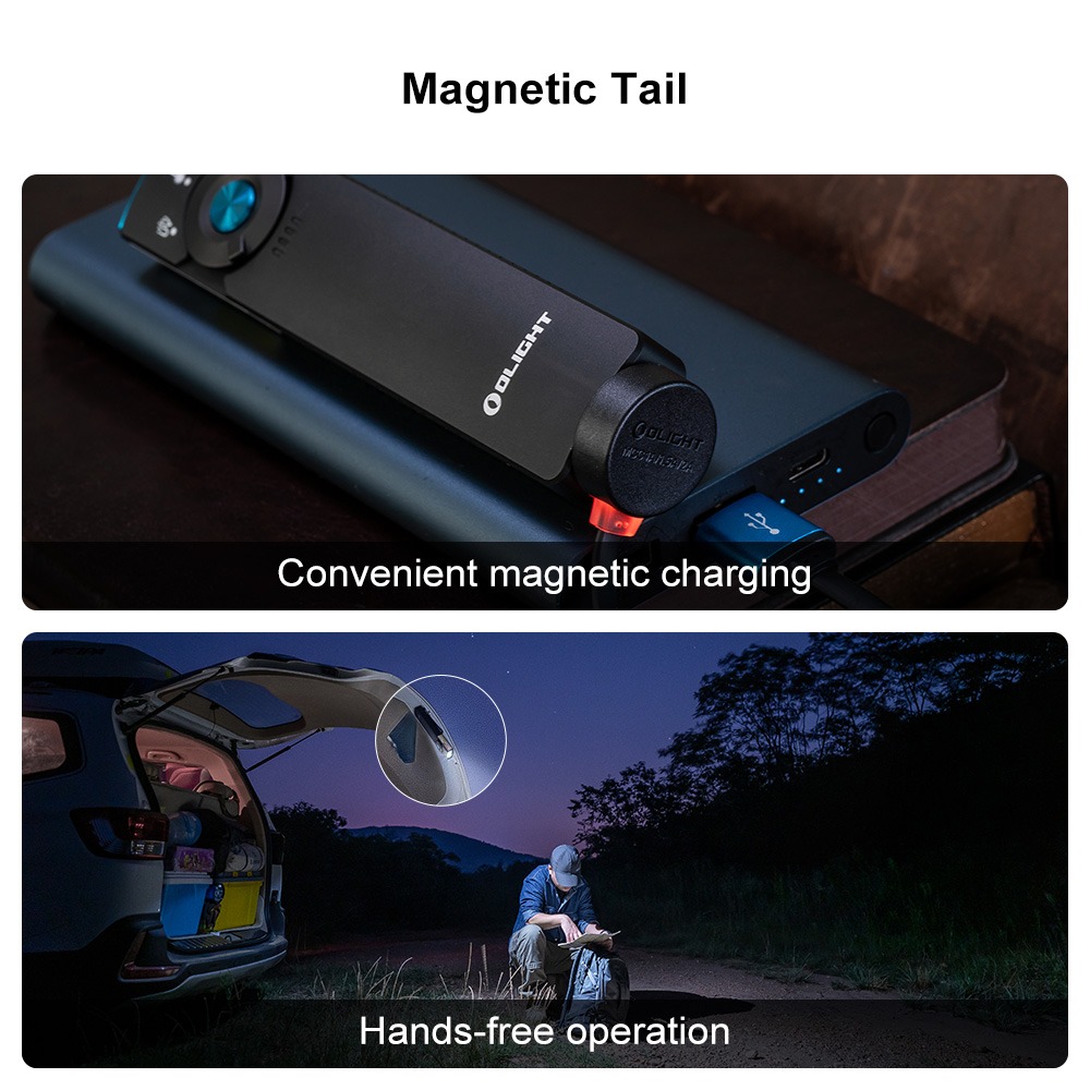 Olight Arkfeld Pro s magnetickým káblom MCC na powerbanke a prichytený magnetom na dverách kufra auta