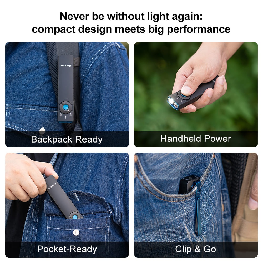 Olight Arkfeld Pro čierna na popruhu batoha, rozsvietená v ruke, vo vrecku košele a na klipe v nohaviciach