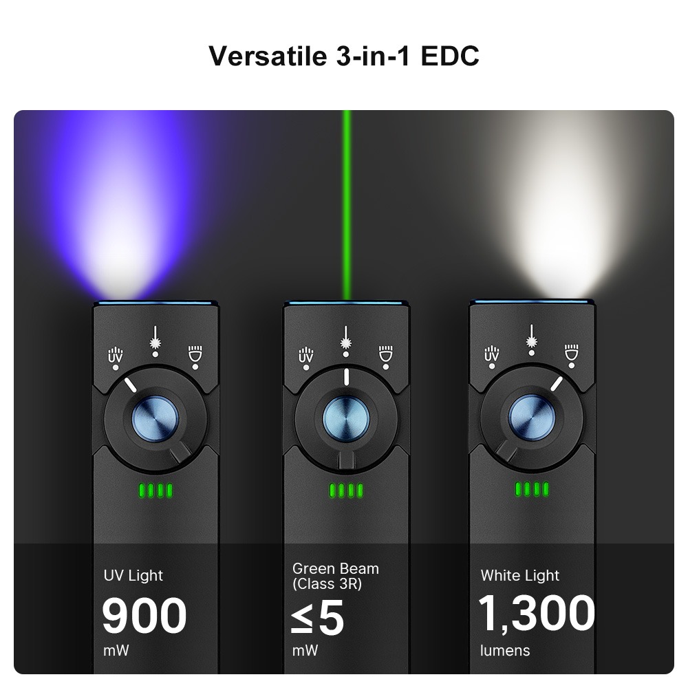 Olight Arkfeld Pro tri režimy vedľa seba: UV svetlo 900 mW, zelený laser Class 3R do 5 mW a biele 1300 lm