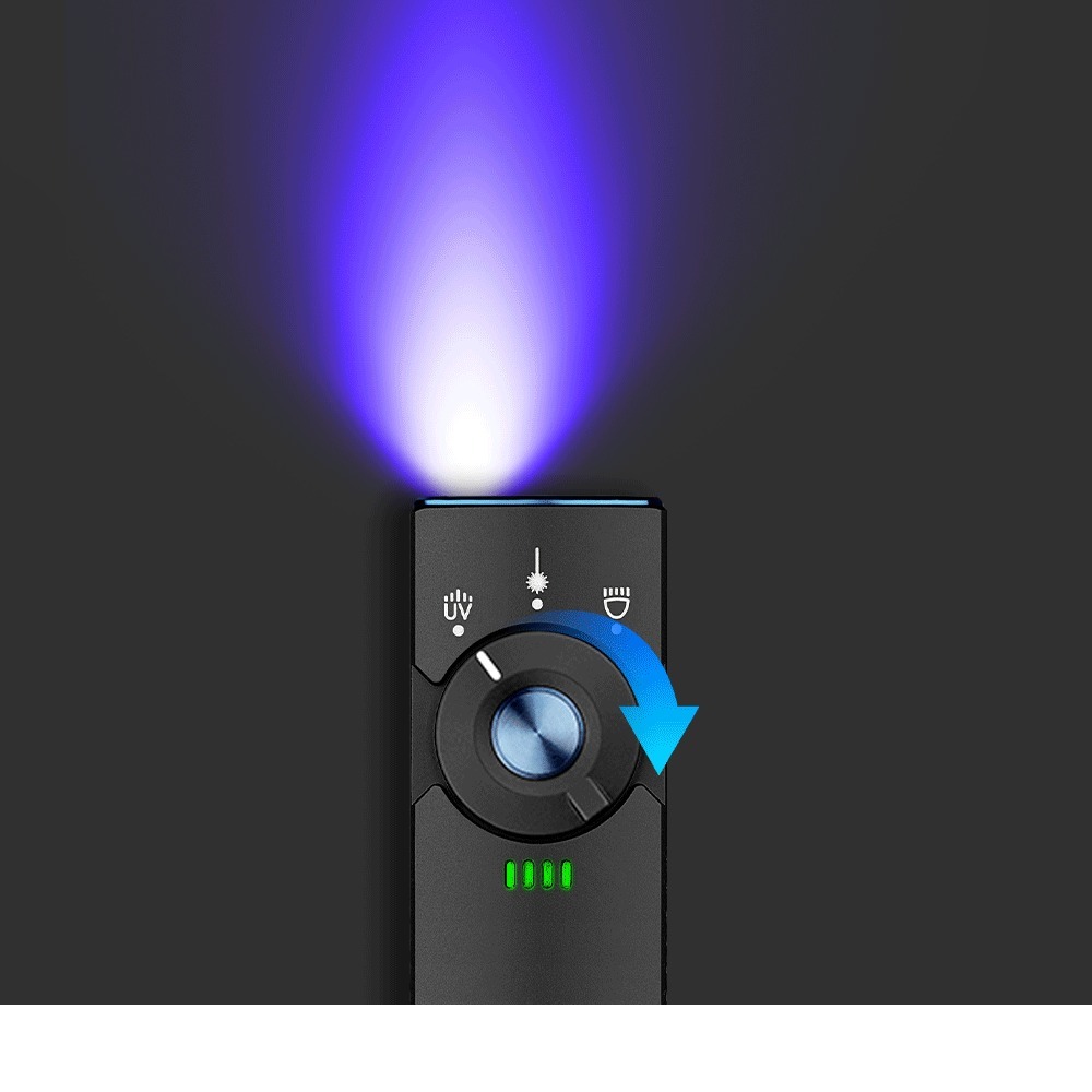 Olight Arkfeld Pro otočný volič v polohe UV, z hlavy svieti fialové UV svetlo, pod voličom štyri zelené diódy