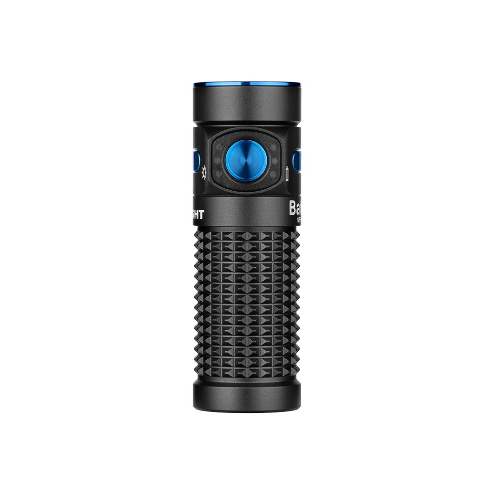 Olight Baton 4 čierna baterka spredu – nerezový spínač s indikátorom jasu vľavo a indikátorom stavu akumulátora vpravo