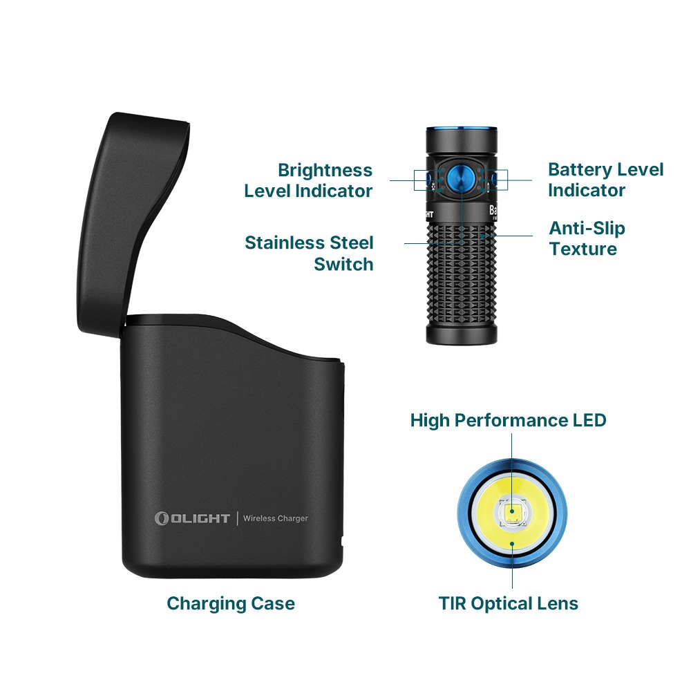 Olight Baton 4 schéma komponentov výrobcu – nerezový spínač, protišmyková textúra, výkonná LED, TIR šošovka, dva indikátory