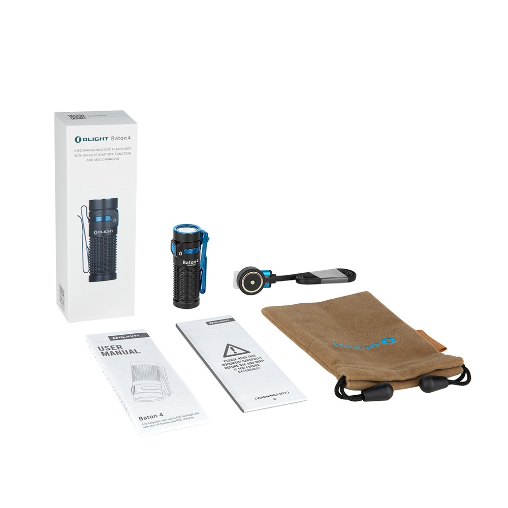 Olight Baton 4 obsah balenia čiernej štandardnej edície – krabica, baterka s klipom, kábel MCC, puzdro, návod a leták