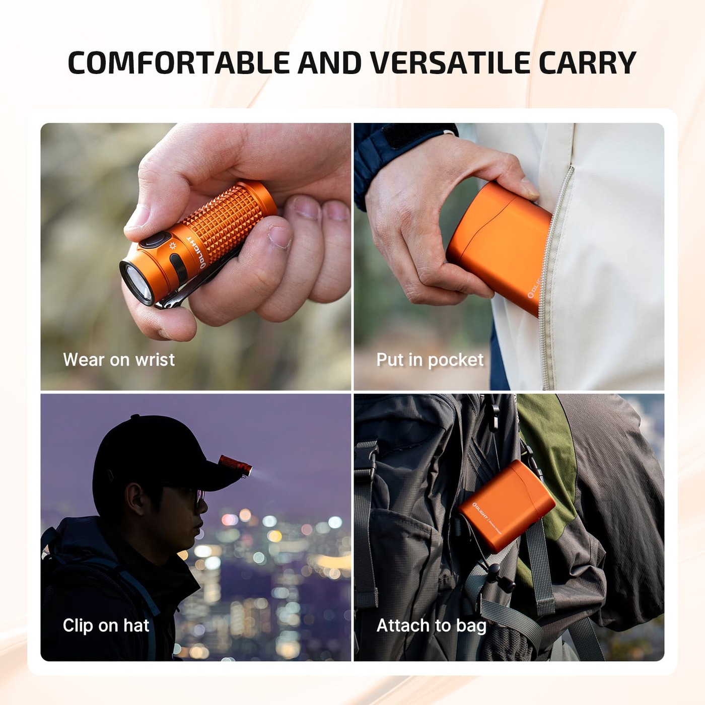 Olight Baton 4 spôsoby nosenia podľa výrobcu – v ruke, klipom na šilte čiapky, puzdro Premium vo vrecku a na batohu