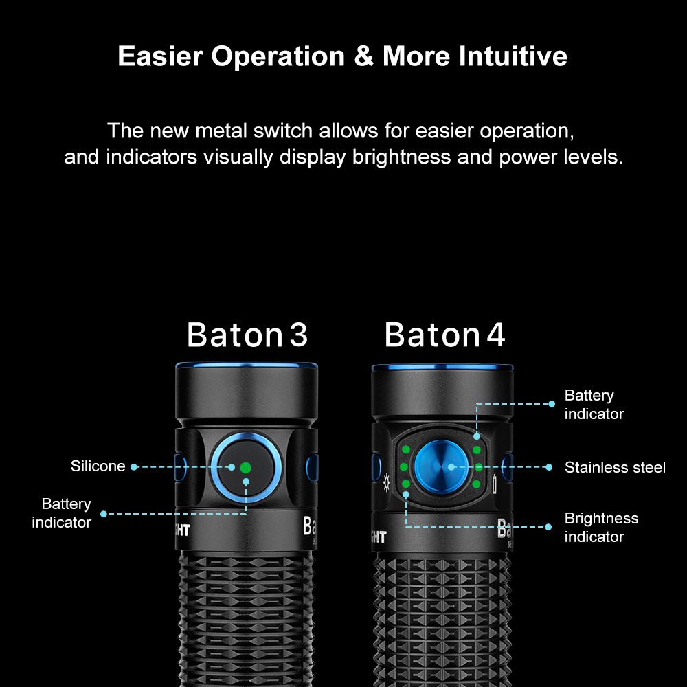 Olight Baton 4 vs Baton 3 – nový nerezový bočný spínač s indikátorom jasu a indikátorom stavu akumulátora