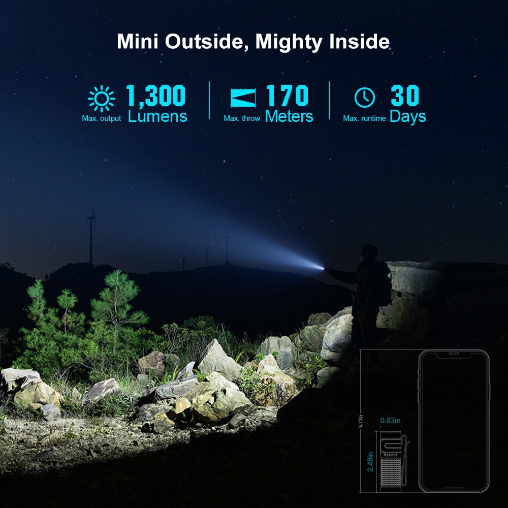 Olight Baton 4 infografika výrobcu: 1 300 lúmenov, dosvit 170 m, výdrž 30 dní a porovnanie veľkosti so smartfónom