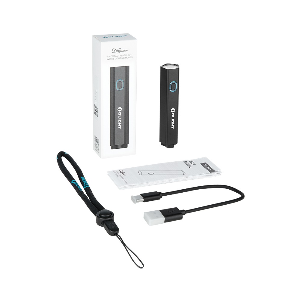 Olight Diffuse čierna pri bielej krabici s nápisom A COMPACT FLASHLIGHT WITH 5 LIGHTING MODES