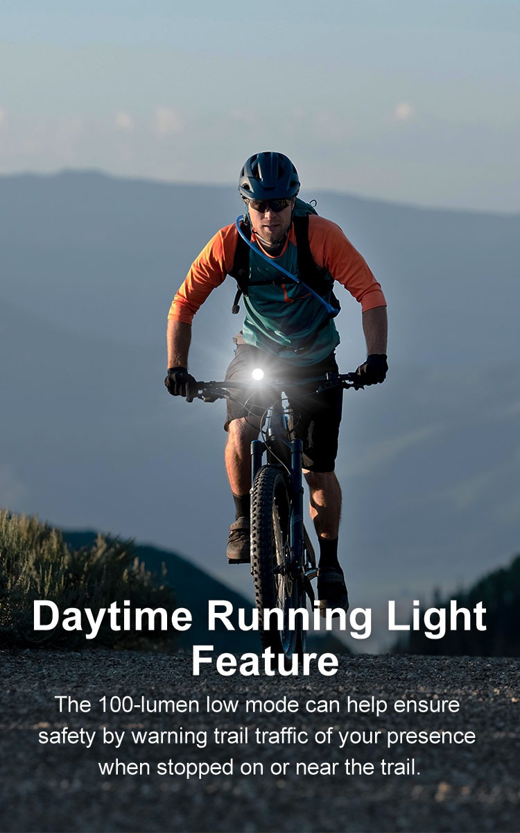 Olight Gotorch X infografika Daytime Running Light – režim 100 lúmenov, jazdec za súmraku do kopca na horskom bicykli
