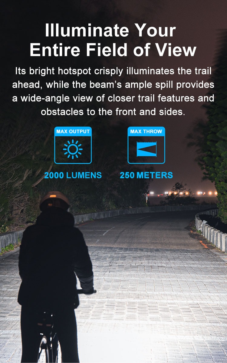 Olight Gotorch X infografika Illuminate Your Entire Field of View – 2 000 lúmenov, dosvit 250 m, lúč na nočnom chodníku