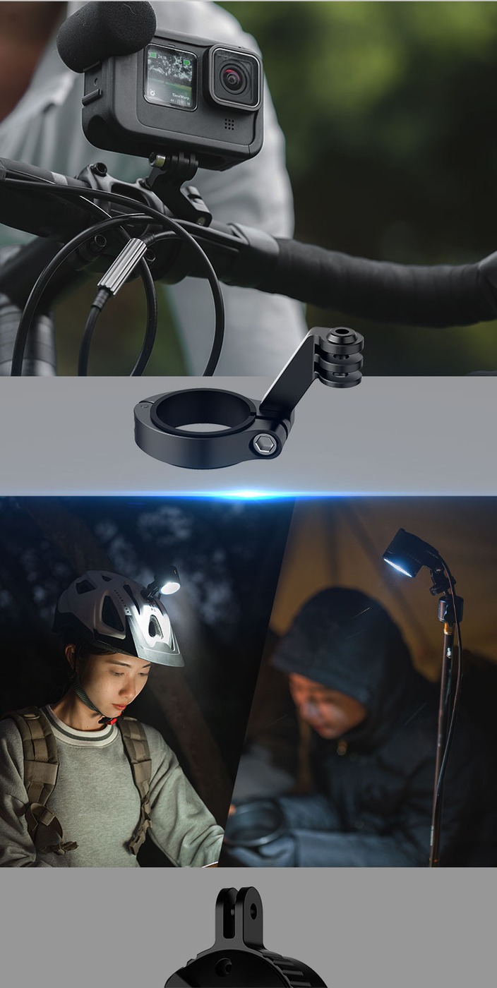 Olight Gotorch X na úchytoch GoPro – objímka s ramenom na riadidlá, svetlo na cyklistickej prilbe a na tyči pod stanom