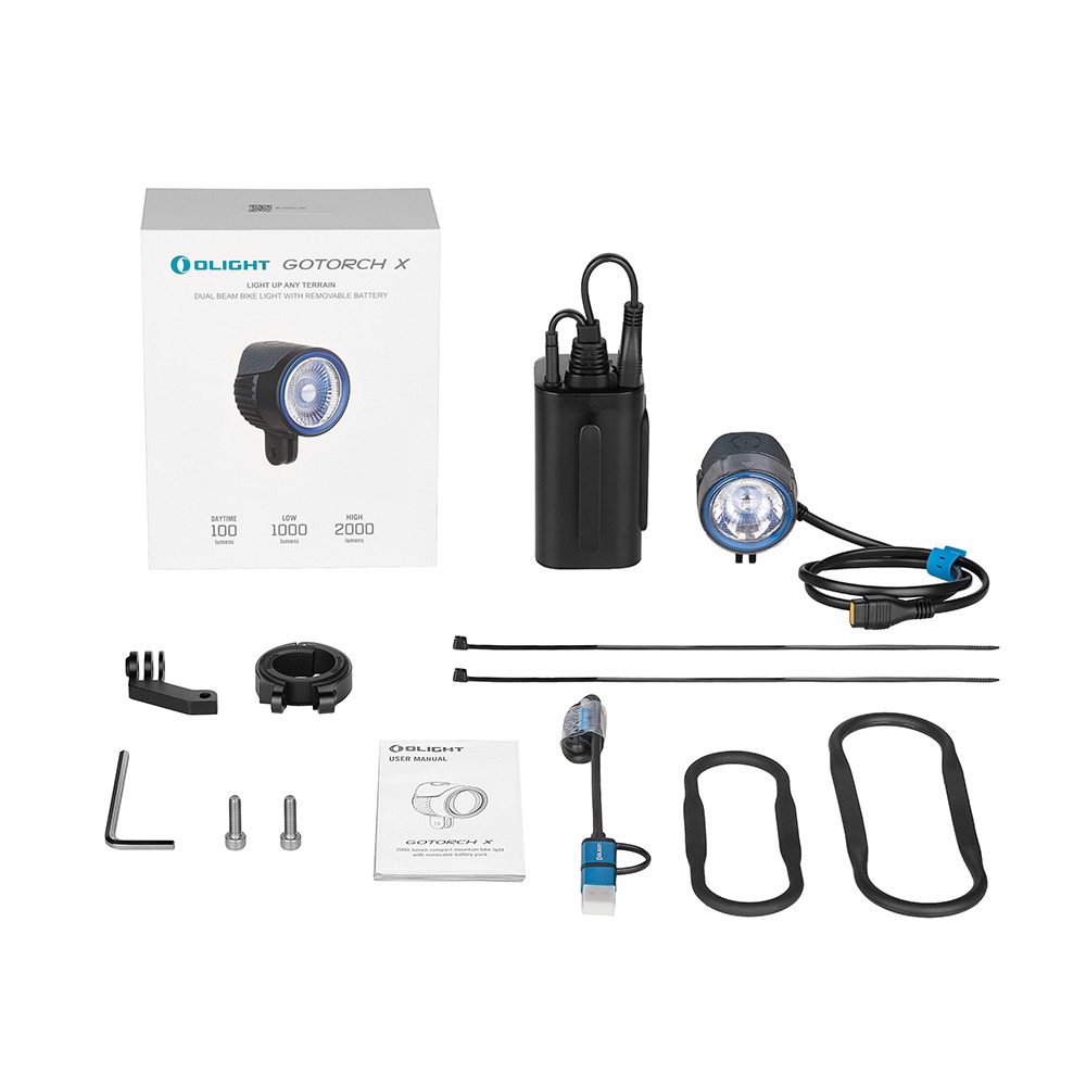 Olight Gotorch X obsah balenia – krabica, akupack, svetlo s káblom, objímka s ramenom, pásiky, skrutky a návod