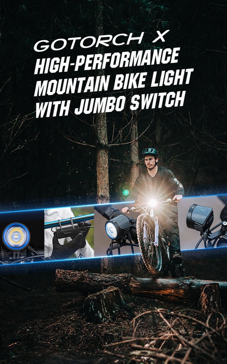 Olight Gotorch X infografika výrobcu – horské svetlo na bicykel s veľkým tlačidlom, jazdec v nočnom lese cez kmeň