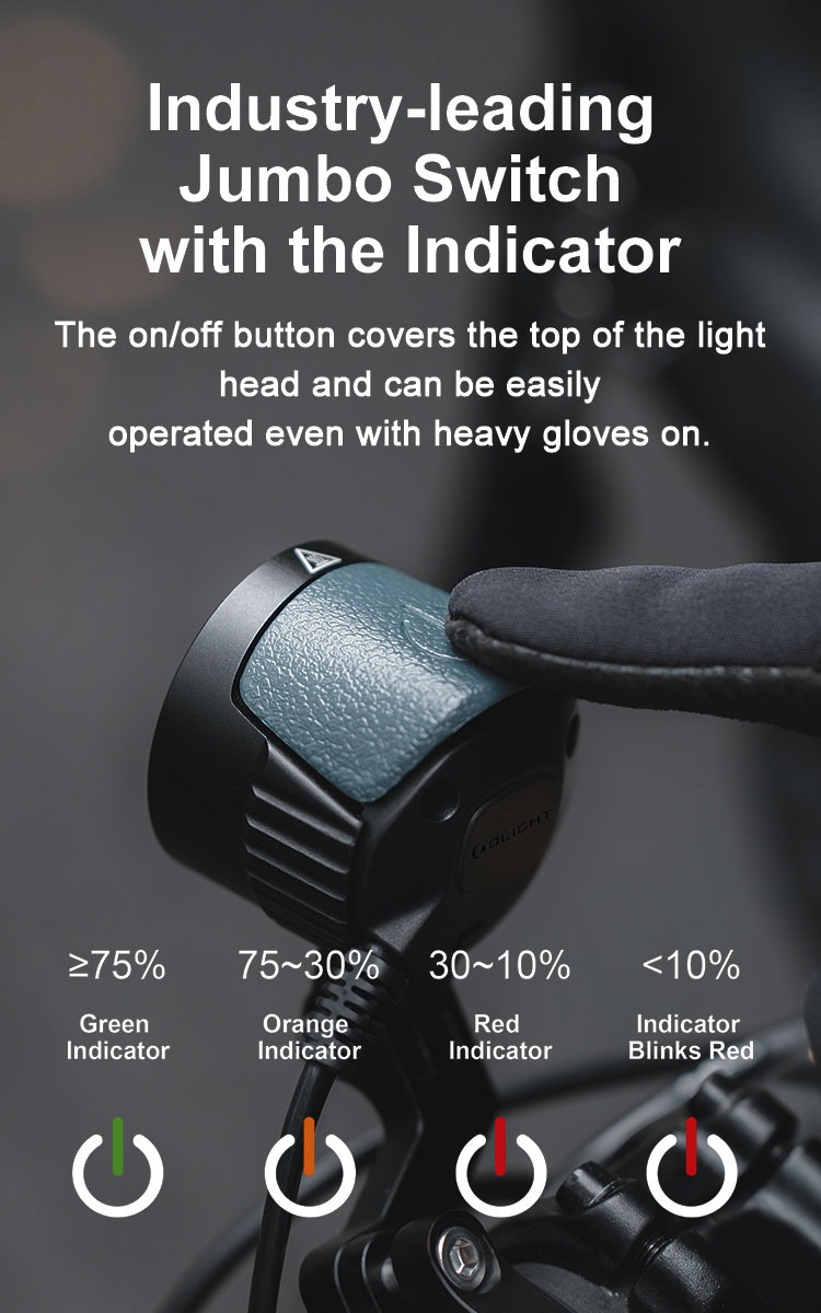 Olight Gotorch X veľké tlačidlo Jumbo Switch stláčané v rukavici a štyri stavy indikátora akupacku