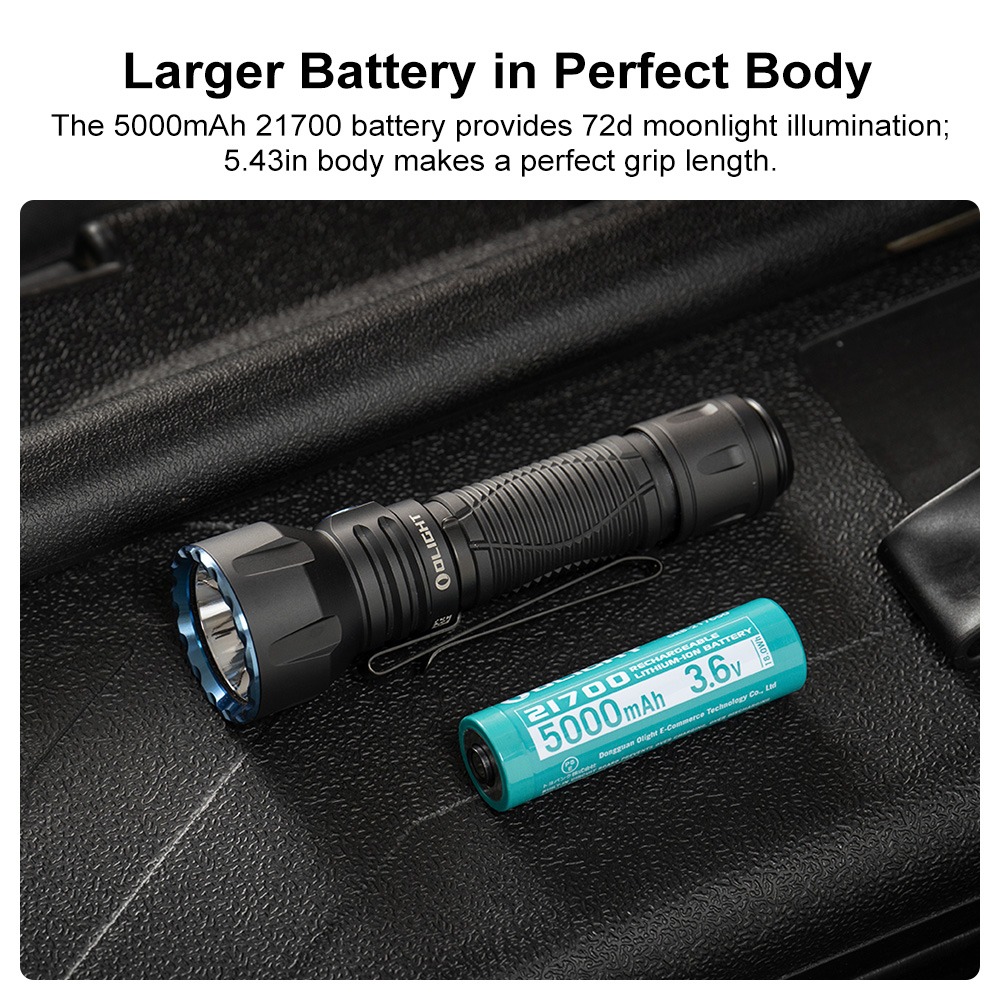 Olight Javelot Long infografika s článkom 21700 5000 mAh 3,6 V vedľa baterky, výdrž 72 dní v Moonlight