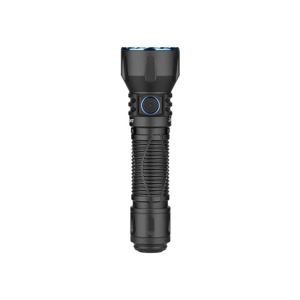 Olight Javelot Long Matte Black spredu – kovový bočný spínač s modrým krúžkom a malou kontrolkou v strede