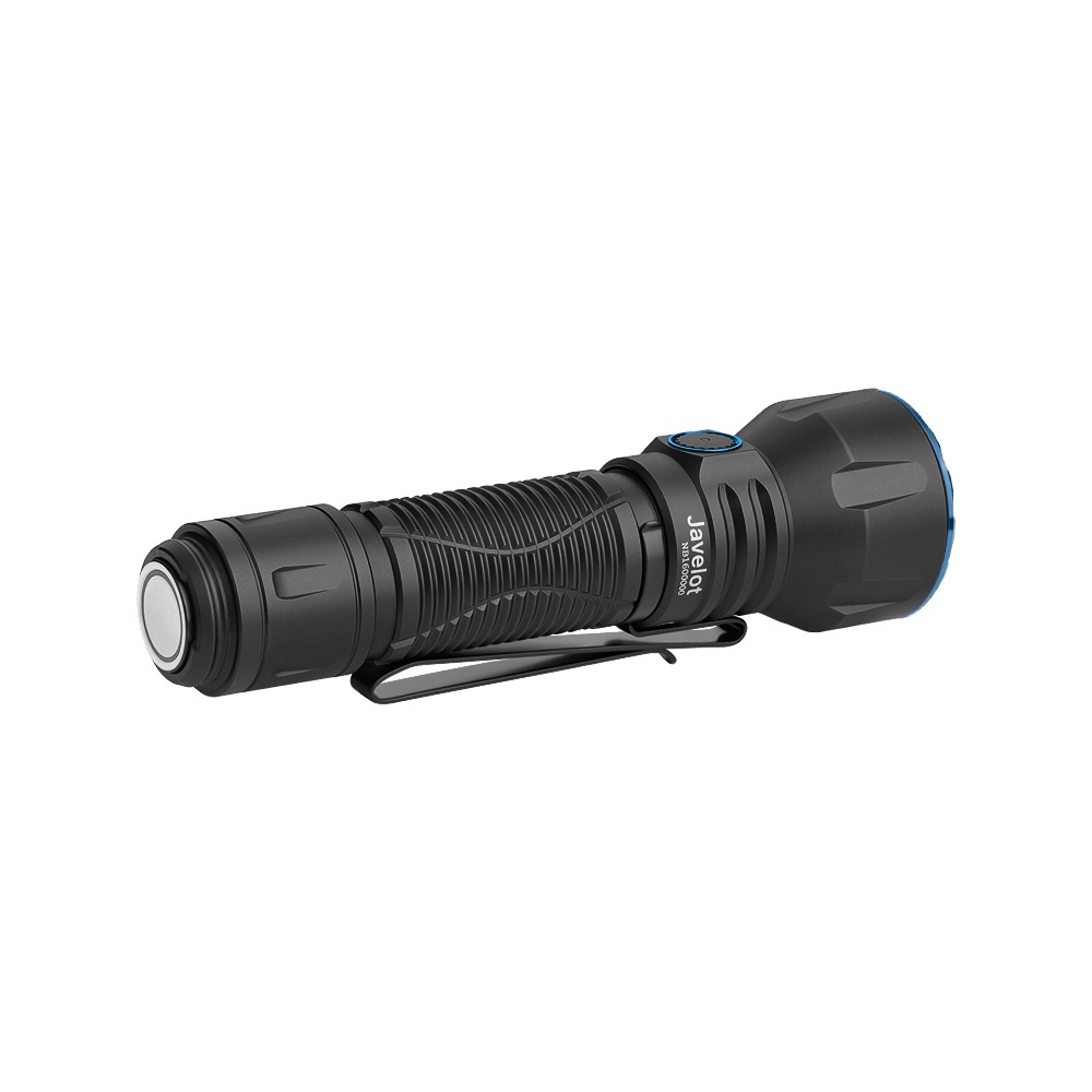 Olight Javelot Long Matte Black od koncovky – plochý zadný spínač, klip a nápis Javelot na hlave