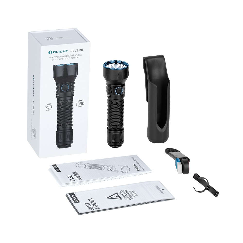 Olight Javelot Long Matte Black s krabicou Javelot, puzdrom, magnetickým káblom, klipom a letákmi od výrobcu
