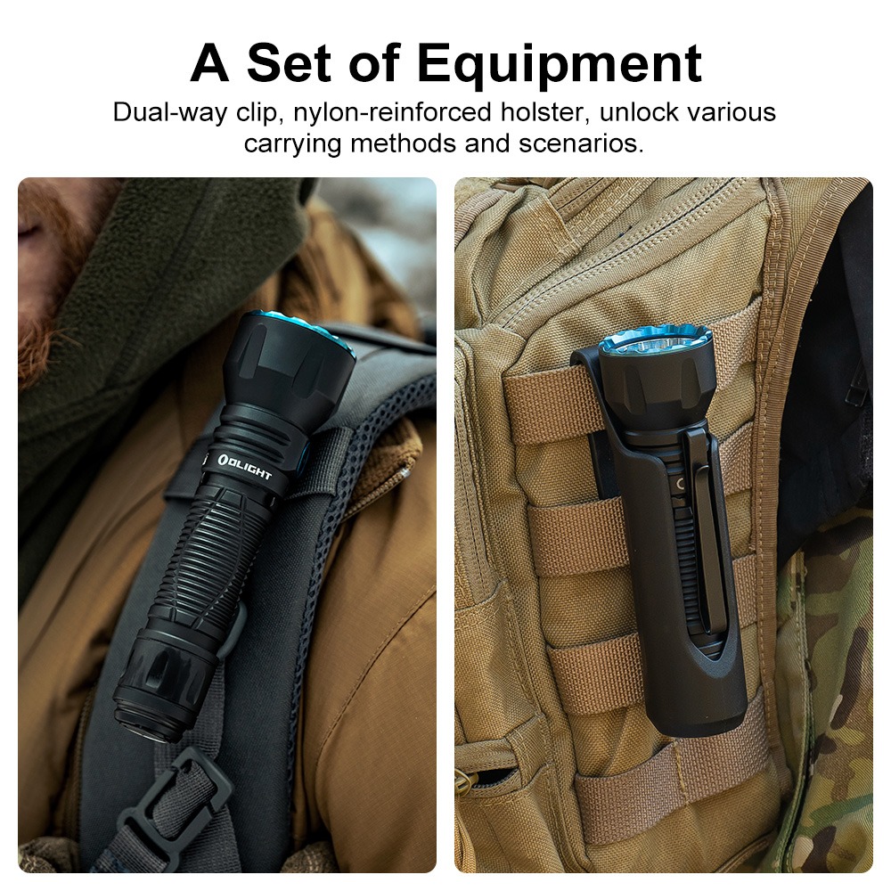Olight Javelot Long infografika A Set of Equipment – baterka na klipe na popruhu batohu a v puzdre na batohu