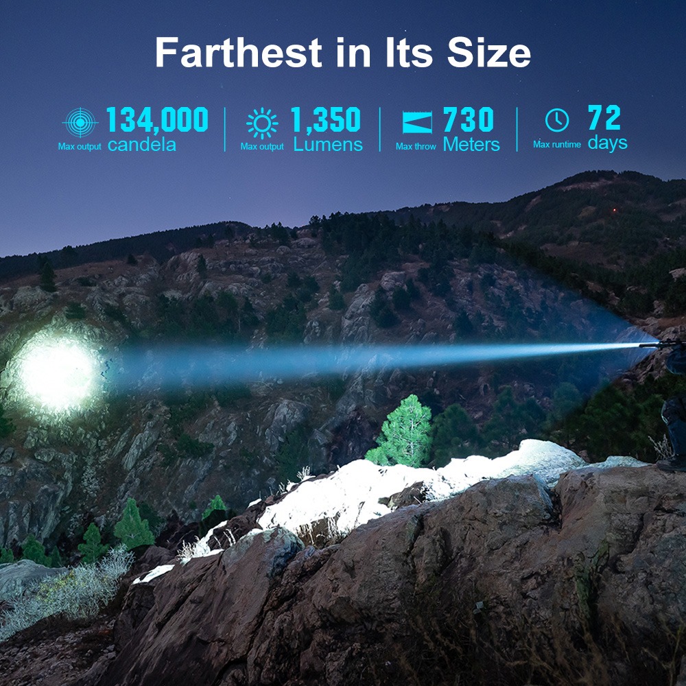 Olight Javelot Long infografika – nočné údolie a lúč na protiľahlý svah, 134 000 cd, 1 350 lm, 730 m a 72 dní