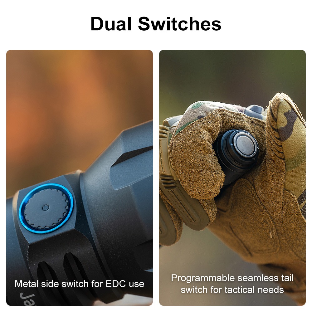 Olight Javelot Long infografika Dual Switches – kovový bočný spínač s modrým krúžkom a zadný spínač baterky v ruke