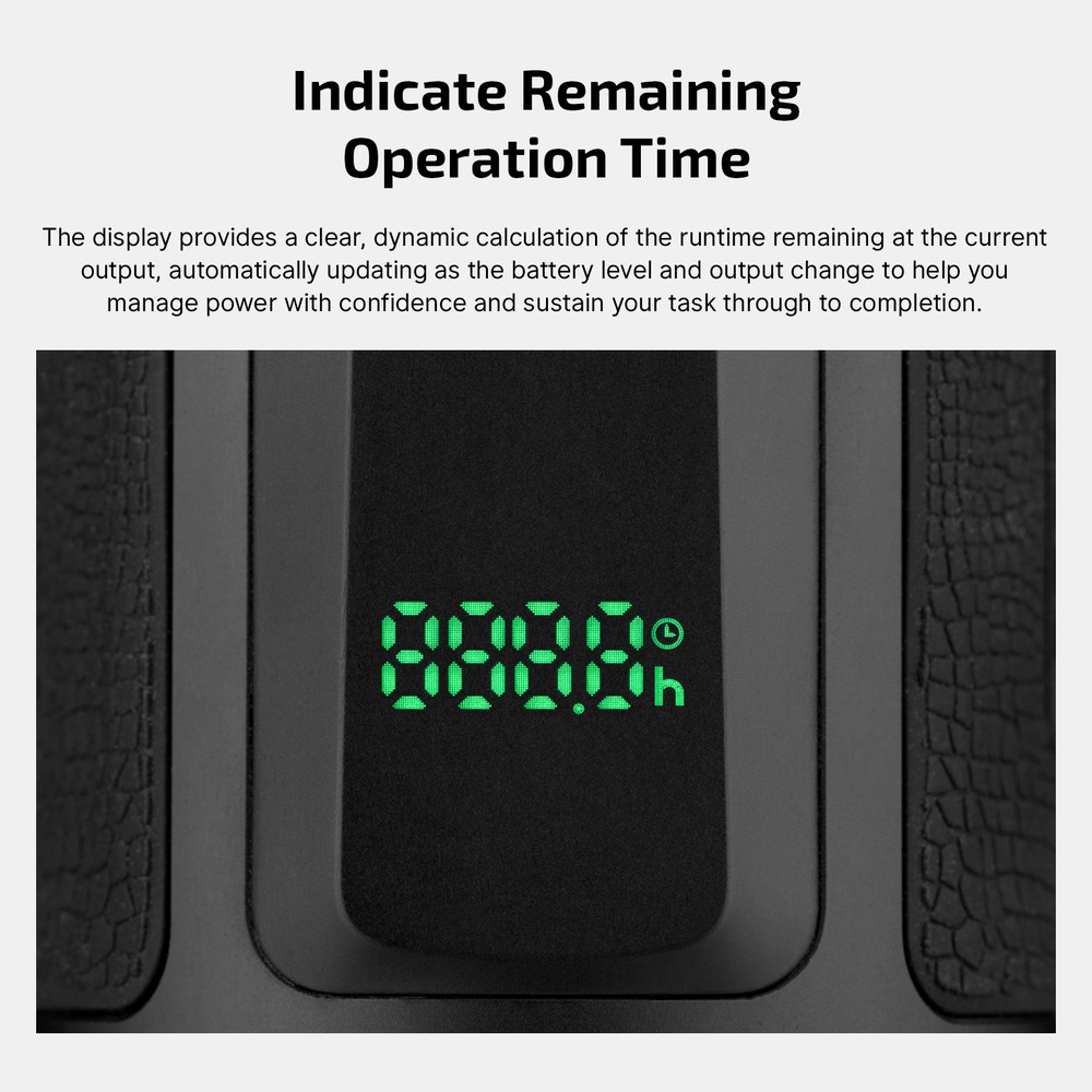 Olight Marauder 3 displej zostávajúcej výdrže v hodinách pri aktuálnom jase – zelené segmenty a ikona hodín