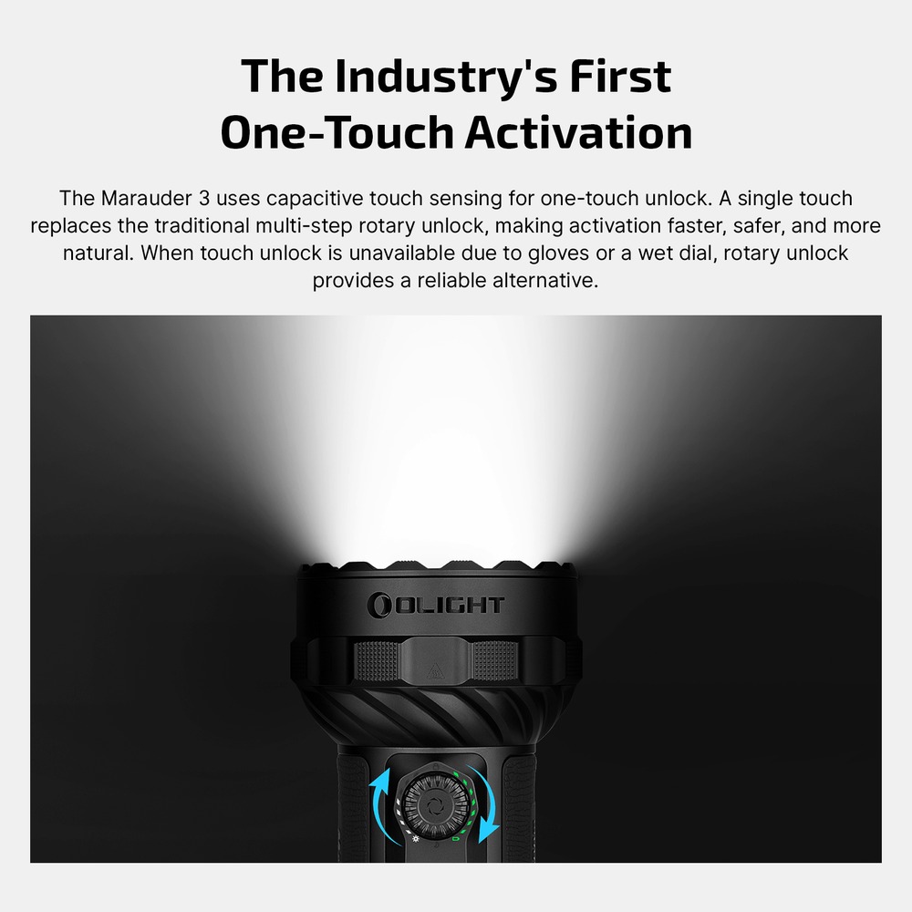 Olight Marauder 3 One-Touch Activation – dotykový volič odomkne a zapne baterku naraz, biely lúč z hlavy
