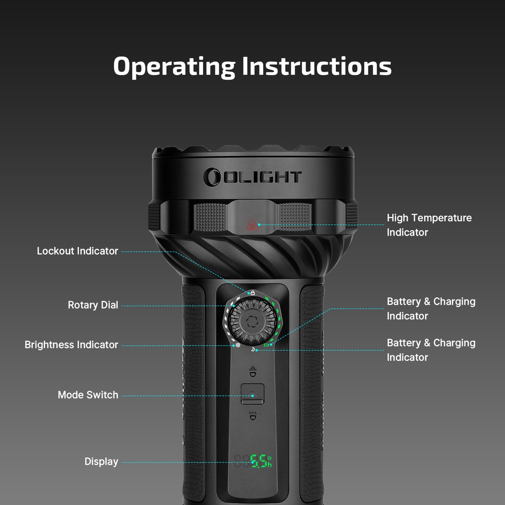Olight Marauder 3 Operating Instructions – otočný volič, prepínač svetla, displej a indikátory zámku, jasu a teploty