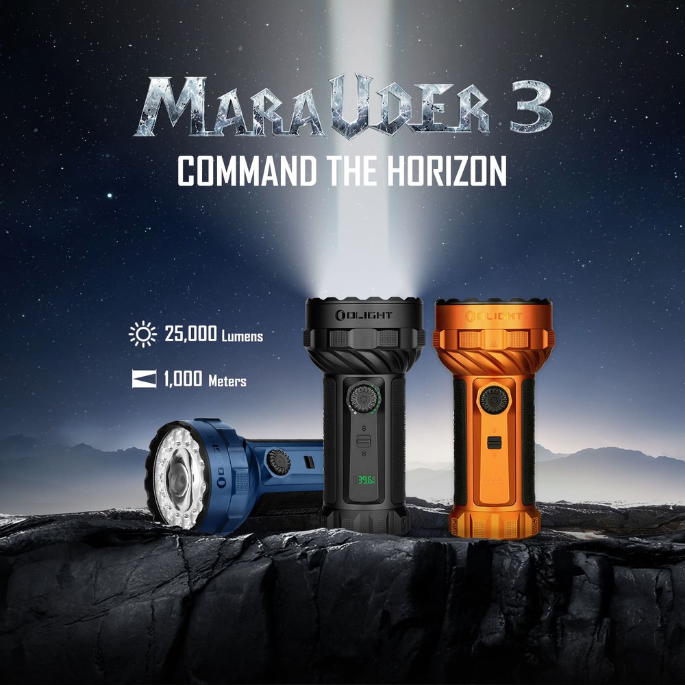 Olight Marauder 3 infografika Command the Horizon – 25 000 lúmenov a 1 000 metrov, čierna so zvislým lúčom do noci